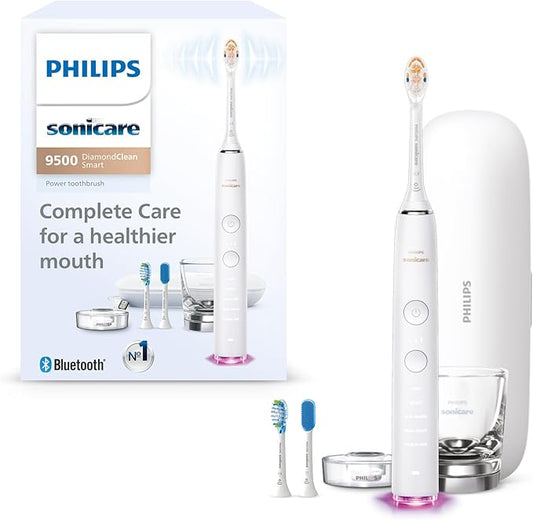 Philips Sonicare DiamondClean Smart 9500 Electric Toothbrush, Sonic Toothbrush with App, Pressure Sensor, Brush Head Detection, 5 Brushing Modes and 3 Intensity Levels, White, Model HX9923/01