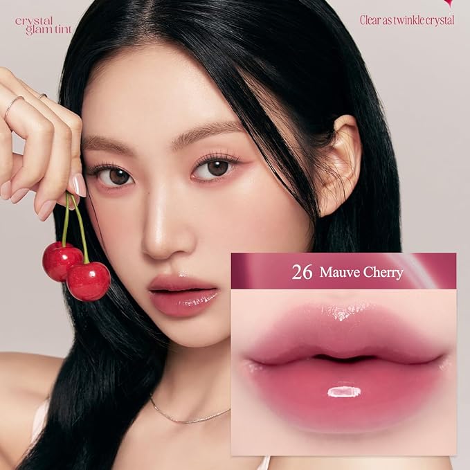CLIO CRYSTAL GLAM TINT (CHERRY SERIES 026 MAUVE CHERRY), Glossy Finish, Lightweight, Buildable, Glass-Like, Smoothing, Long-Lasting, Vivid, Transparent, Shiny, Moisturizing Lip Stain, Korean Lip Tint
