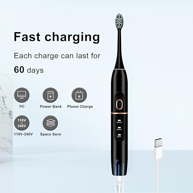 Electric Toothbrush Set, Comes with 8 Brush Heads & Travel Case,4 Modes with 2 Minutes Built in Smart Timer, One Charge for 60 Days, 42000 VPM Motor (Black)