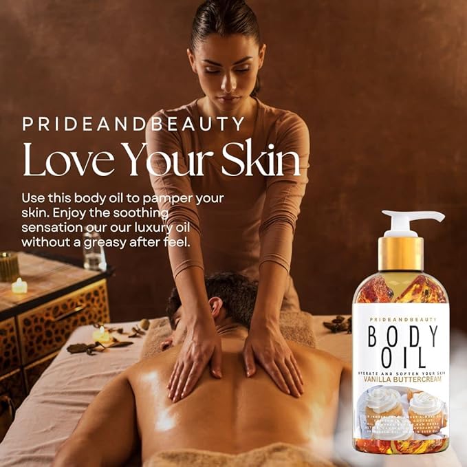 PrideandBeauty After Shower Oil. Skin Hydrating Oil. Body Oil Scented. Body Oils For Women Dry Skin. (Vanilla Buttercream) (8 OUNCES, Vanilla Buttercream)