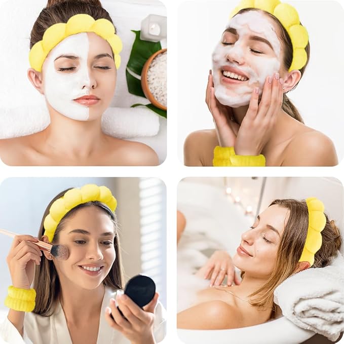 Spa Headbands for Washing Face Wristband Set Sponge Makeup Skincare Headband Wrist Towels Bubble Soft Terry Towel Cloth Hairband for Women Puffy Headwear Non Slip Thick Thin Hair Headwear (Yellow)