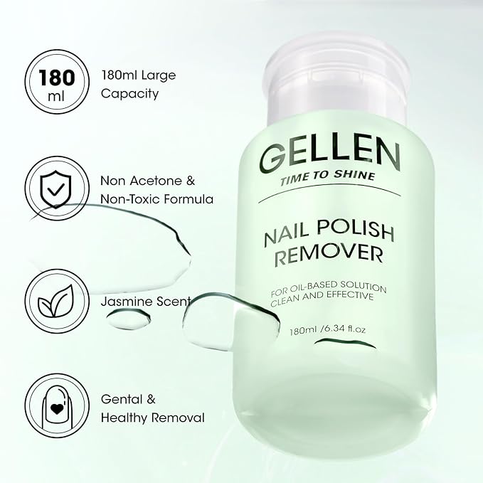 Gellen Nail Polish Remover, Non Acetone Nail Polish Removal for Regular Nail Polishes, Jasmine Scent Healthy Nail Polish Remover with Easy Push-down Pump, 6.09 Fl Oz