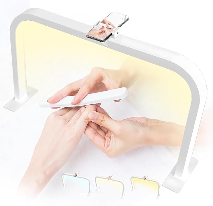 Half Moon Nail Desk Lamp, LED Nail Tech Desk Light with Phone Holder, Adjustable Brightness 3000-6000K, Arch Lamp for Manicure, Lash, Eyelas (White)