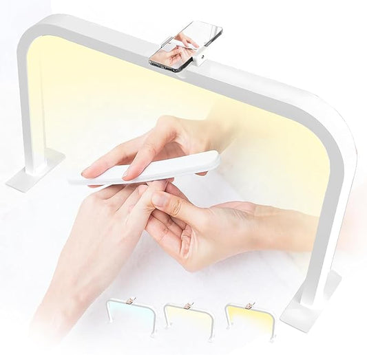 Half Moon Nail Desk Lamp, LED Nail Tech Desk Light with Phone Holder, Adjustable Brightness 3000-6000K, Arch Lamp for Manicure, Lash, Eyelas (White)