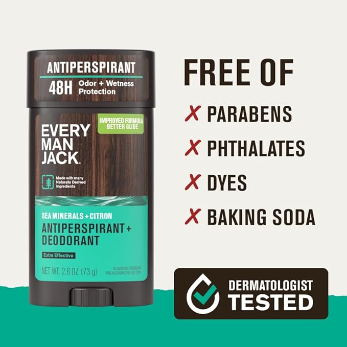Every Man Jack Men’s Sea Minerals + Citron Antiperspirant Deodorant – New & Improved Formula – Smooth Glide, 48-Hour Odor & Sweat Defense– 2.6 oz (2 Pack)