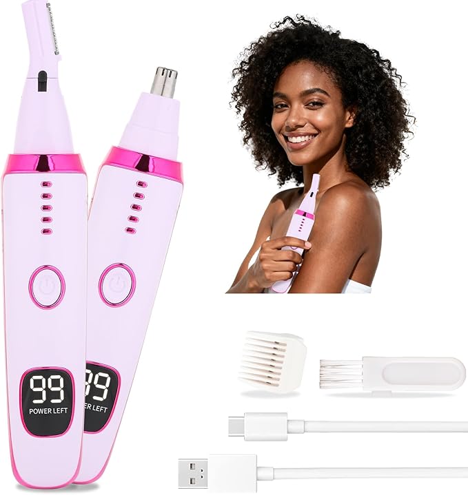 2 in 1 Nose and Ear Hair Trimmer with LED Display, Rechargeable Electric Nasal Hair Clipper for Men & Women, Eyebrow & Facial Hair Removal with Dual-Edge Blades, Easy to Clean