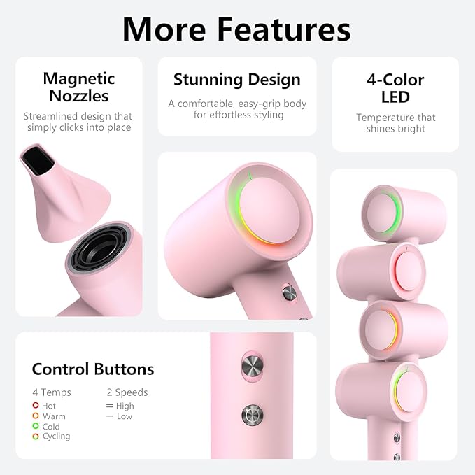 Hair Dryer, 160000 RPM Professional High-Speed Blow Dryer 500 Millions Negative Ionic Care Hair Dryer for Fast Drying, Low Noise Thermo-Control Hairdryer, Travel with Magnetic Diffuser & Nozzle, Pink