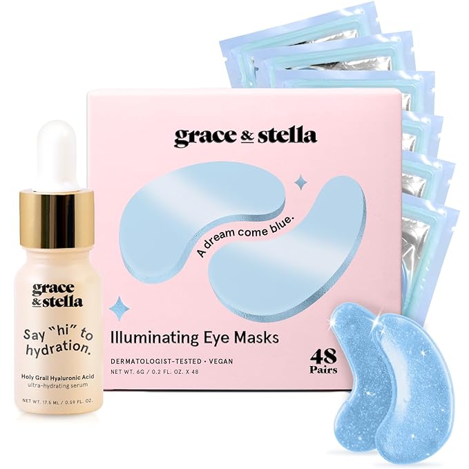 grace & stella Award Winning Under Eye Mask Reduce Dark Circles, Puffy Eyes, Wrinkles - Undereye Patches -White Elephant Gifts for Adults (Blue Eye Mask 48 Pairs + Hyaluronic Acid Serum 17ml)