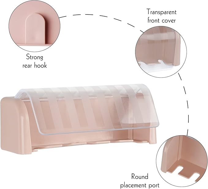 5 Slots Wall Mount Toothbrush Holder with Cover, Self Adhesive Toothbrush Storage Organizer for Shower, Toothbrush Hanger for Bathroom, Medicine Cabinet, Dorm (Pink)