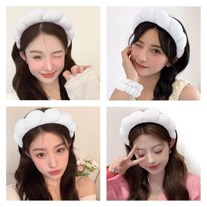 Spa Headbands for Washing Face Wristband Set Sponge Makeup Skincare Headband Wrist Towels Bubble Soft Terry Towel Cloth Hairband for Women Puffy Headwear Non Slip Thick Thin Hair Headwear (White)