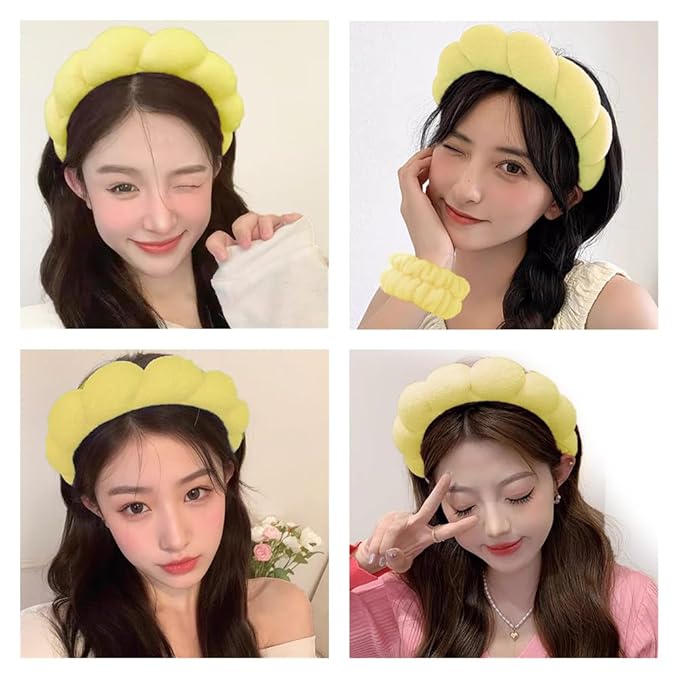 Spa Headbands for Washing Face Wristband Set Sponge Makeup Skincare Headband Wrist Towels Bubble Soft Terry Towel Cloth Hairband for Women Puffy Headwear Non Slip Thick Thin Hair Headwear (Yellow)