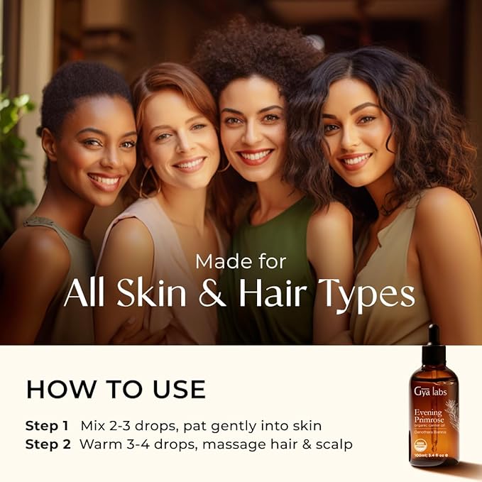 Gya Labs Evening Primrose Carrier Oil - 3.4 Fl Oz - for Hair, Skin, Face, Scalp & Body Massage