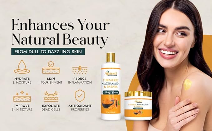 Turmeric body cream– Handmade Niacinamide papaya Turmeric Moisturizer lotion for Dark Spots, Hyperpigmentation, Acne Scars, Evens Tone- turmeric skincare -All Skin Types 8oz (CREAM)