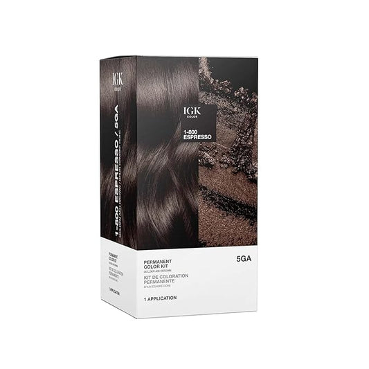 IGK Permanent Hair Dye Color Kit | 5GA 1-800 Espresso - Golden Ash Brown | 100% Gray Color Coverage + Strengthen + Shine | Ammonia Free