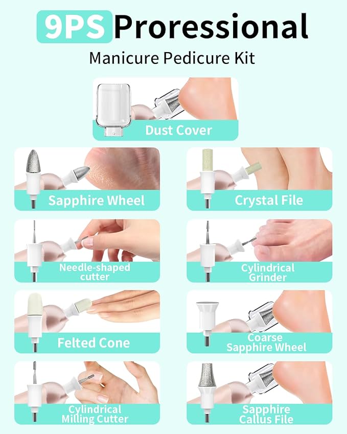 Manicure Pedicure Kit for Women, Professional Nail Grinder for Senior Thick Toenail, Cordless Electric Nail File, 5 Speeds Pedicure Tools for feet Callus Remover, Nail Drill for Women Hand Feet Care