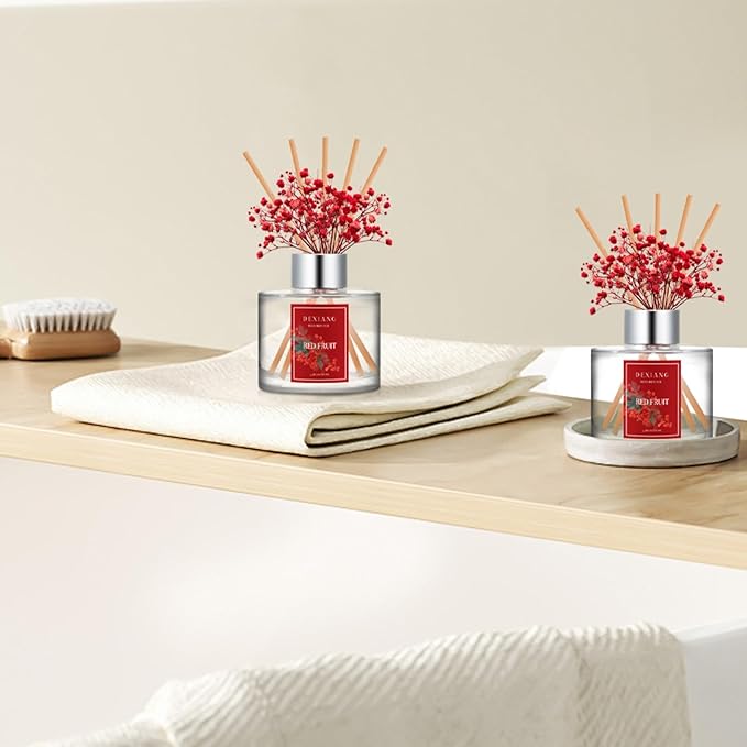 Reed Diffuser Set - 3.38 fl oz Red Fruit Premium Scented Oil with Preserved Baby's Breath & Cotton 6 Sticks | Long-Lasting Aromatherapy for Home, Bedroom, Bathroom, Office Home Decor