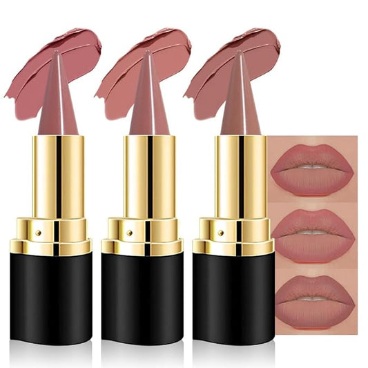 evpct 3Pcs Antique Dusty Rose Nude Pink Brown Gradient Matte Lipstick Lip Liner Crayon Combo Pencil Set for Women Long Lasting, Cream Lip Liner and Lipstick Combo Makeup，Flawless Gradual Ombre Effect