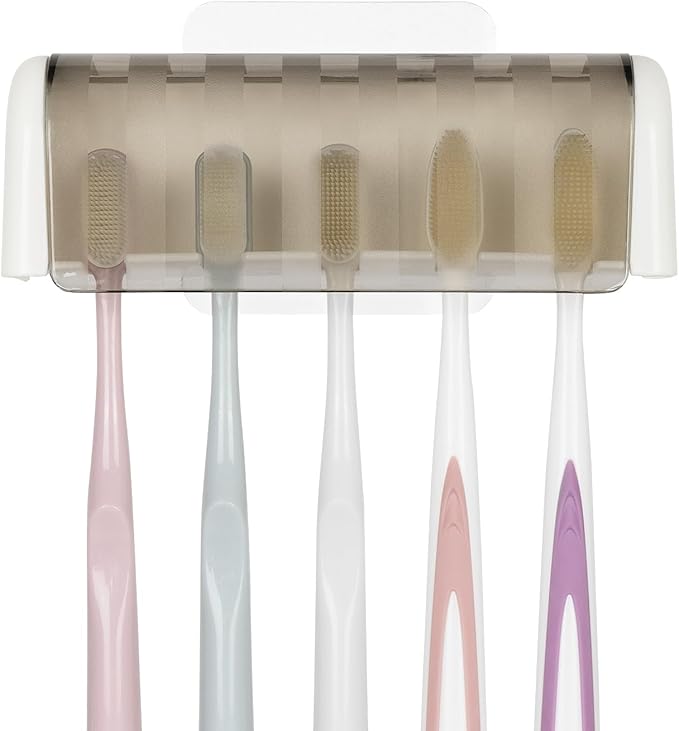5 Slots Wall Mount Toothbrush Holder with Cover, Self Adhesive Toothbrush Storage Organizer for Shower, Toothbrush Hanger for Bathroom, Medicine Cabinet, Dorm(White + Grey)