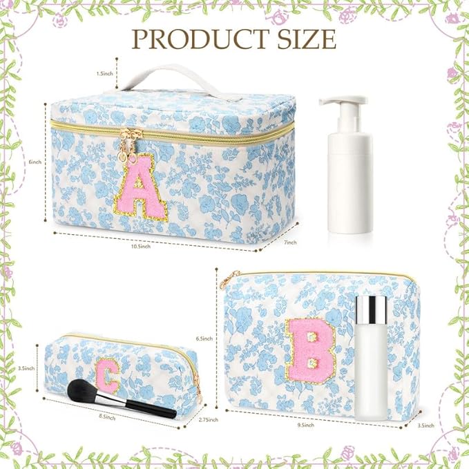 3 PCS Travel Makeup Bag Set,A-Z Initials Cotton Make up Bag Floral Quilted Cosmetic Bag for Girls and Women,Personalized Christmas Gifts,Cute Toiletry Travel Accessories Brushes Bags-P