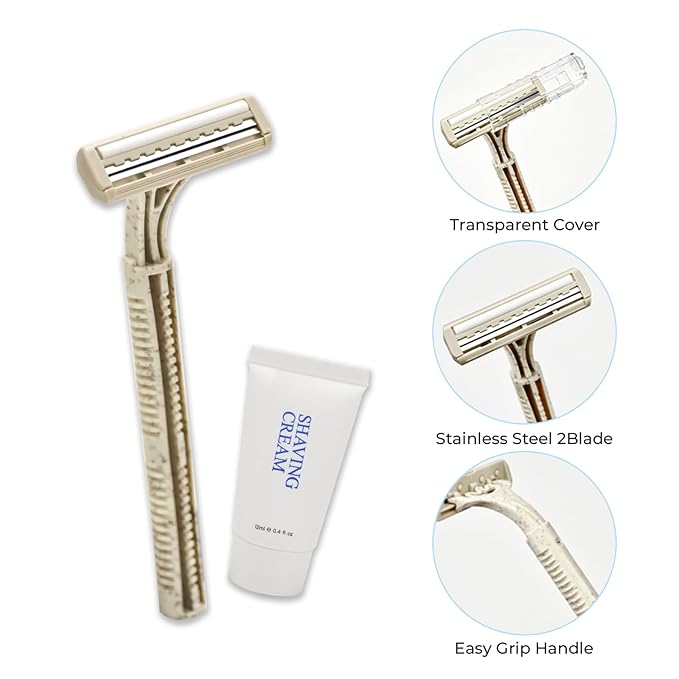 Disposable Shave Kit for Men &Women - 50 Pcs Wheat Straw Razors and Cream Bulk, Individually Wrapped Portable Toiletries Amenities for Hotel, Airbnb, Homeless, Shelter, Charity, Camping and Travel