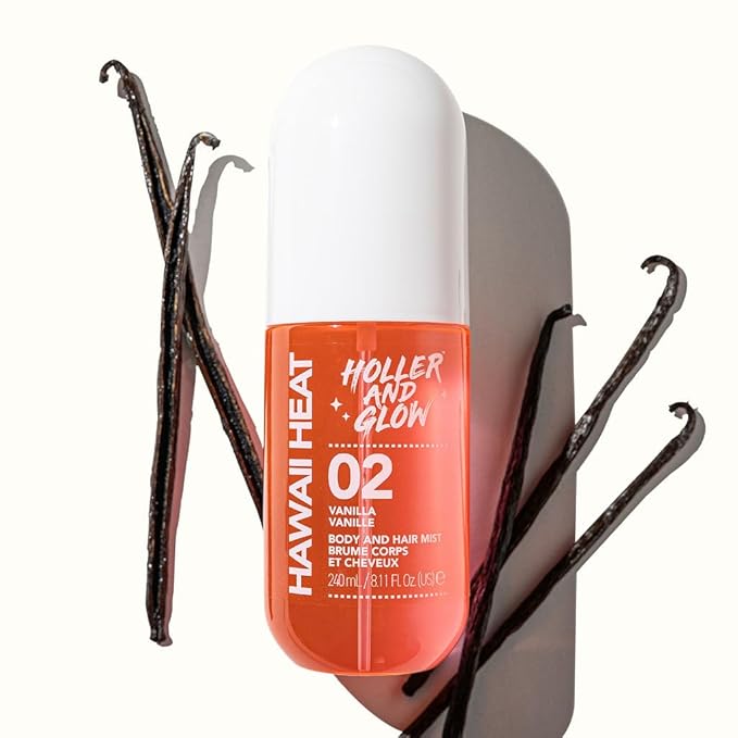 Holler and Glow Hawaii Heat Body & Hair Mist, Warm Vanilla, Peony & Amber Scent, Long-Lasting Daily Fragrance, Lightweight, Vegan, Cruelty-Free, Alcohol-Free, Hydrating Hair Perfume, 8.11 Fl Oz