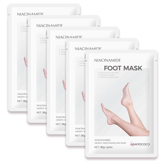 5Packs Foot Mask with Niacinamide, Deep Hydration Foot for Dry Cracked Skin, Nourishing Care with Shea Butter & Vitamin E, SPA at Home, 6.3oz