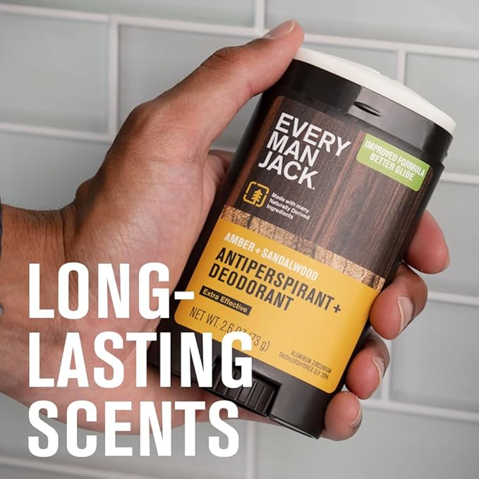 Every Man Jack Men’s Amber + Sandalwood Antiperspirant Deodorant – New & Improved Formula – Smooth Glide, 48-Hour Odor & Sweat Defense– 2.6 oz (2 Pack)