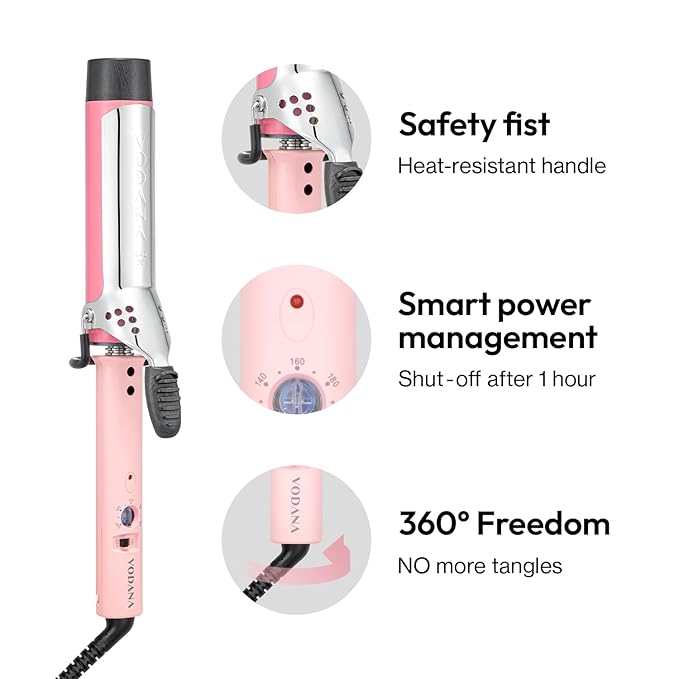 VODANA Professional GlamWave Ceramic Curling Iron, Long-Lasting Natural Curls, Instant Heat, Hair Curler, Curling Wand, Available in USA (1.6 inch, Pink)