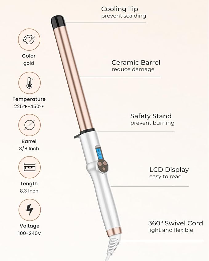 1 Inch Extra Long Barrel Curling Wand, Ceramic Tourmaline Curling Wand Professional Dual Voltage with Adjustable Temperature