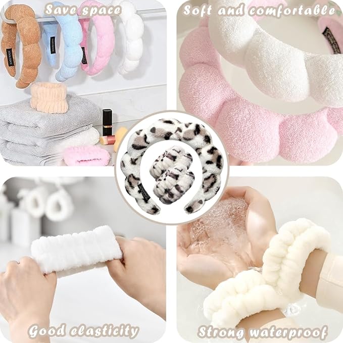Spa Headbands for Washing Face Wristband Set Sponge Makeup Skincare Headband Wrist Towels Bubble Soft Terry Towel Cloth Hairband for Women Puffy Headwear Non Slip Thick Thin Hair Headwear