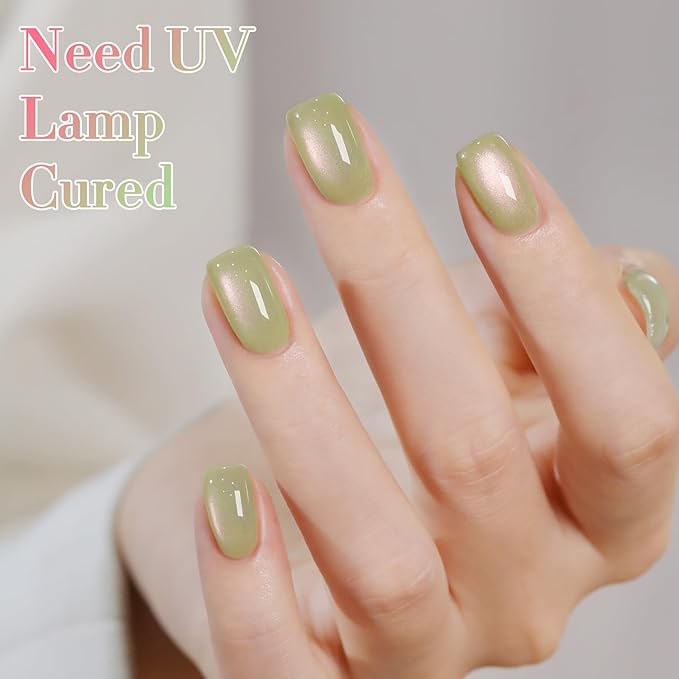 Double Rhythm 0.5 OZ Cat Eye Gel Polish with Magnet 15ML Holographic Glitter Shimmer Translucent Jelly Color Magnetic Nail Polish Salon DIY at Home (Green-MC1213)