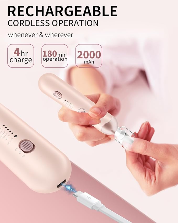 Professional Manicure Pedicure Kit, Cordless Electric Nail File Set, Rechargeable Pedicure Tools for feet, 5 Speeds Hand Foot Care Nail Drill for Thick Nail Toenail Cuticle Women Men Baby Pets-Rose