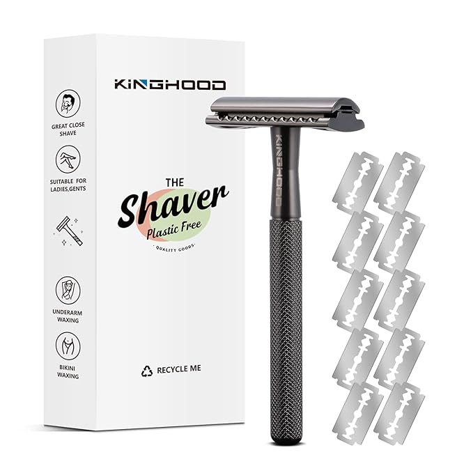 KINGHOOD Safety Razor - One Blade, Metal, Reusable, Double Edge, Closed Comb, Brass, Black