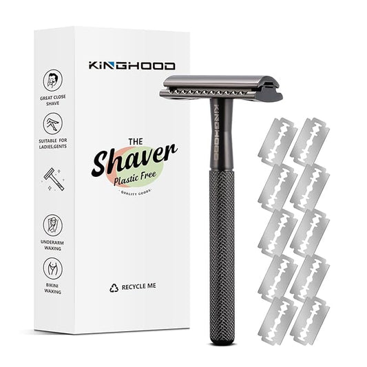 KINGHOOD Safety Razor - One Blade, Metal, Reusable, Double Edge, Closed Comb, Brass, Black