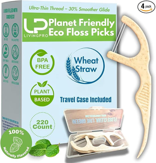 Twin Line Biodegradable Floss Picks (220 Count) - Compostable Tooth Flossers Minty Fresh-Double Thread 2X The Clean | Bonus Travel Case | Thing Thread Glide Easy & Shred-Resistant