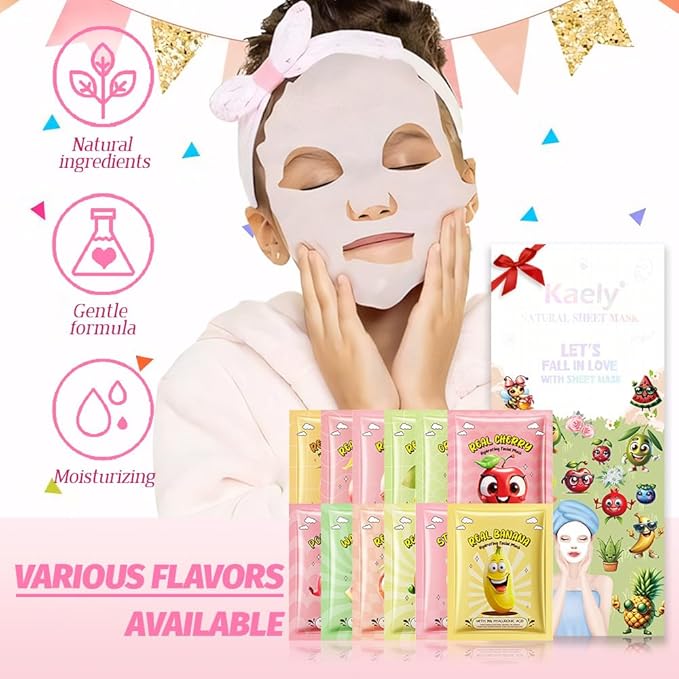 evpct 12 Pack Fruit Kids Face Masks for Kids Girls Spa, Girls Kids Facial Spa Day Slumber Sleepover Birthday Party Favors Supplies Kit for Girl, Kid Friendly Facial Face Masks Bulk Skincare for Kid, 3