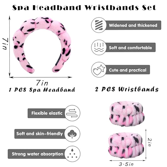 Spa Headbands for Washing Face Wristband Set Sponge Makeup Skincare Headband Wrist Towels Bubble Soft Terry Towel Cloth Hairband for Women Puffy Headwear Non Slip Thick Thin Hair