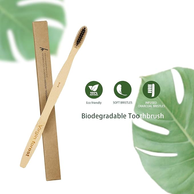 Virgin Forest Bamboo Toothbrush, Biodegradable Soft Bristles Toothbrushes, Wooden Toothbrush with Wave-Shaped Two-Color Bristles and Larger Thicker Handle (6 Pcs)