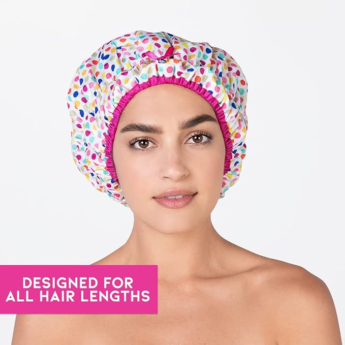 Reusable Bath & Shower Cap Lined, Oversized Waterproof Shower Caps Large Designed for all Hair Lengths with PEVA Lining & Elastic Band Stretch Hem Hair Hat - Fashionista Deco Dots