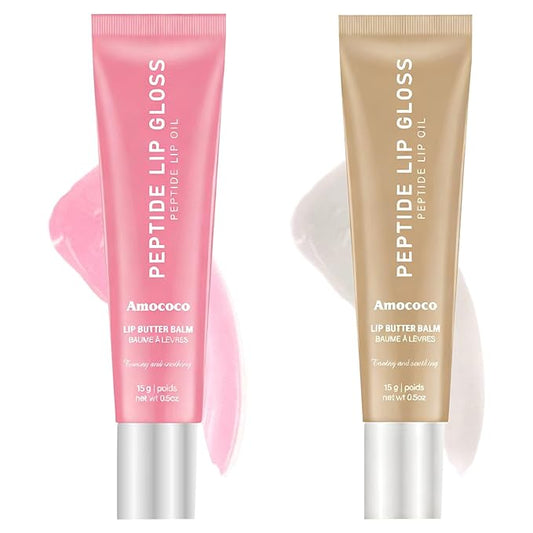 Peptide Lip Gloss Balm for Moisture & Shine, Hydrating Lip Butter Balm with Hyaluronic Acid & Shea Butter, 0.5oz (01# & 05#)