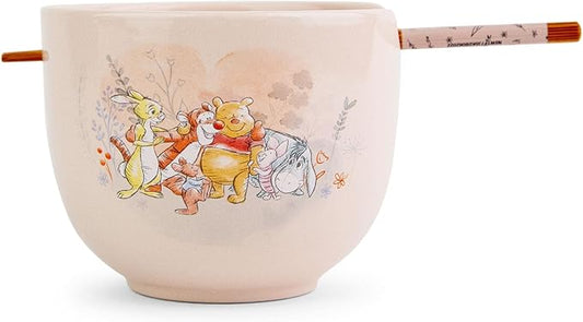 Silver Buffalo Disney Winnie the Pooh Featuring Piglet, Eeyore, Tigger, Rabbit, and Roo Group Hug Ceramic Ramen Noodle Rice Bowl with Chopsticks, Microwave Safe, 20 Ounces