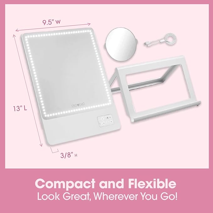 Riki Skinny Duo Lighted Mirror - Travel Makeup Mirror with Lights and 5X Magnification | Portable Mirror with Lights for Beauty On-The-Go