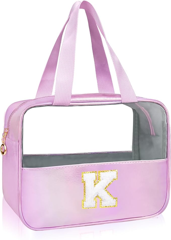Personalized Initial K Clear Purple Makeup Bag - Large Travel Toiletry Bag, Cute Cosmetic Organizer Set for Girlfriend, Teacher, Teen Girl Gifts