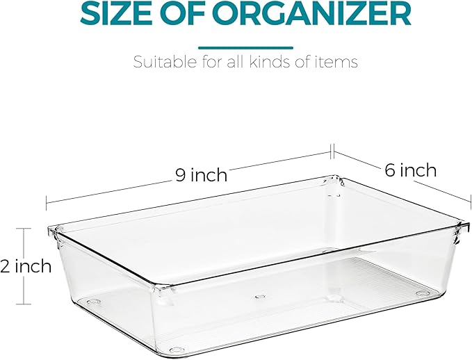 8 Pack Drawer Organizer - 6" X 9" Clear Acrylic Storage Bins with Non-Slip Pads, Versatile Desk Tray for Makeup, Jewelry, Kitchen, Bathroom, and Office Organization