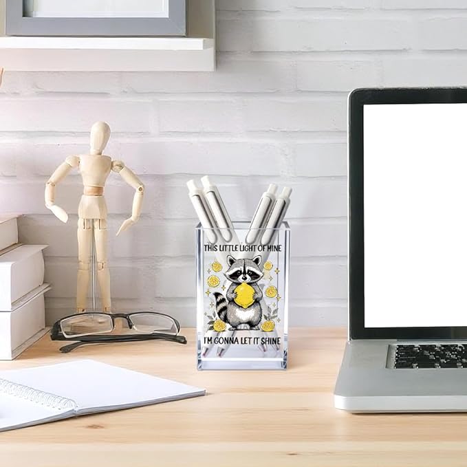 This Little Light Of Mine I'm Gonna Let It Shine Acrylic Cosmetic Pencil Pen Holder Cup, Funny Raccoon Lemon Pen Holder Cup, Raccoon Lover Gifts, Mental Health Gifts for Women Colleague Teacher
