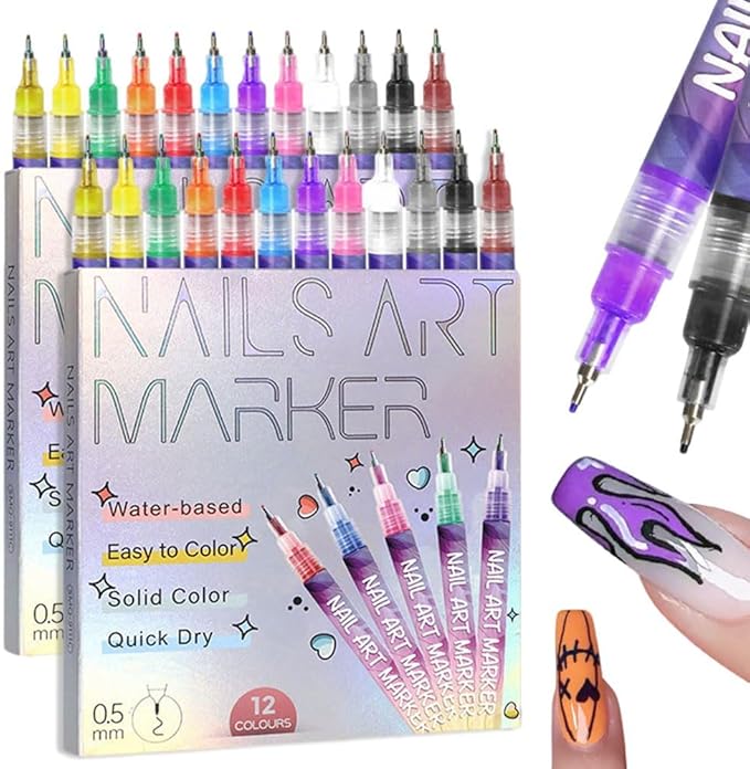 12 Colors Nail Art Pens Set, 2026 New Nail Art Markers Doodle Pen for Kids Adults, Nail Polish Pens Quick Dry Nail Art Tools for Polishing Dotting Painting Liner DIY (2Set)