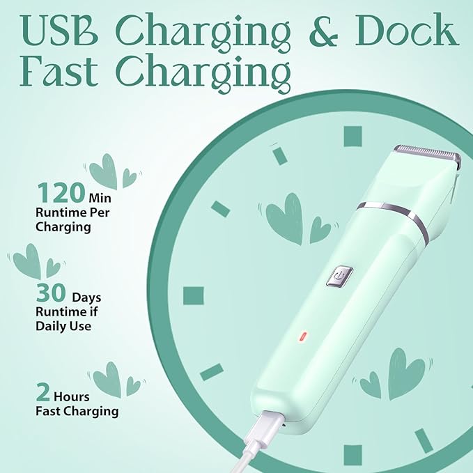 Pubic Hair Trimmer Women for Bikini Area & Body - Electric Razor Shaver with Ceramic Blade, Detachable Head, Waterproof IPX7, Battery Indicator, Fast Charging, Wet/Dry Groomer Set - Green