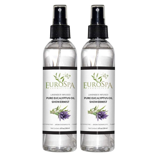 EuroSpa Aromatics Pure Eucalyptus Oil ShowerMist and Steam Room Spray, All-Natural Premium Aromatherapy Essential Oils - Lavender Infused, 8oz, 2 Pack