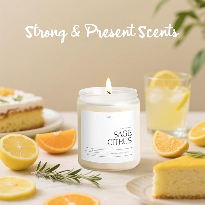 Sage Citrus Candles for Home Scented, 9oz Natural Soy Aromatherapy Non Toxic Candles with Long Lasting Fragrance & Clean Burn, Luxury Jar Candle Gift for Women, Men, Home Decoration, White