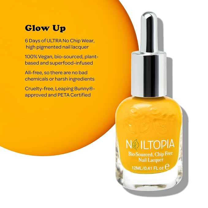 Nailtopia - Plant-Based Chip Free Nail Lacquer - Non Toxic, Bio-Sourced, Long-Lasting, Strengthening Polish - Glow Up (Vibrant Mustard Yellow) - 0.41oz